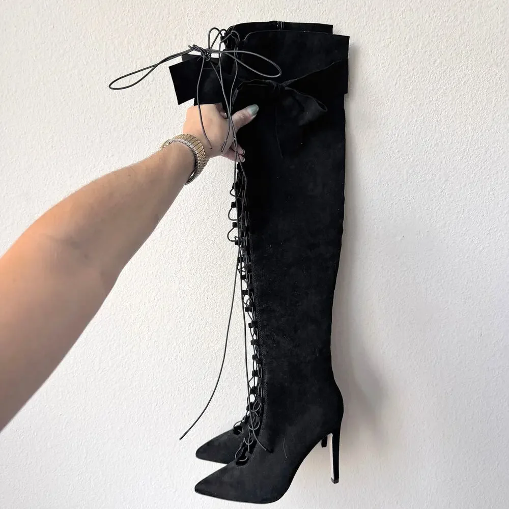 ASOS Black Faux Suede Bow Thigh High Lace Up Boots NEW Size 5